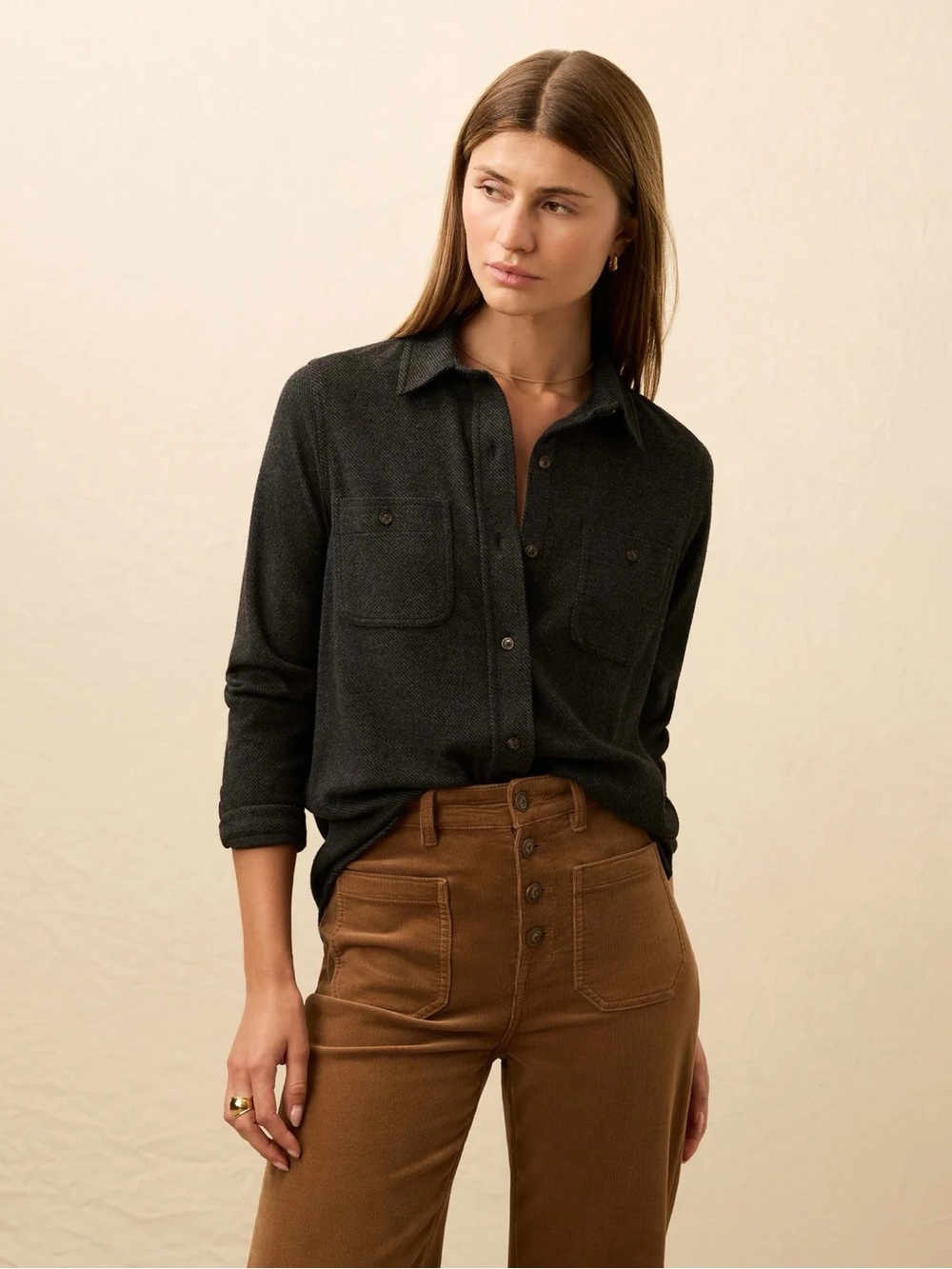 Faherty Legend Sweater Shirt Button Down Heathered Black Twill Women Size XL